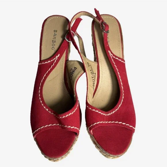 Bamboo Slingback Red Canvas Espadrille Platform Peep Toe Size 10 New - Picture 3 of 6